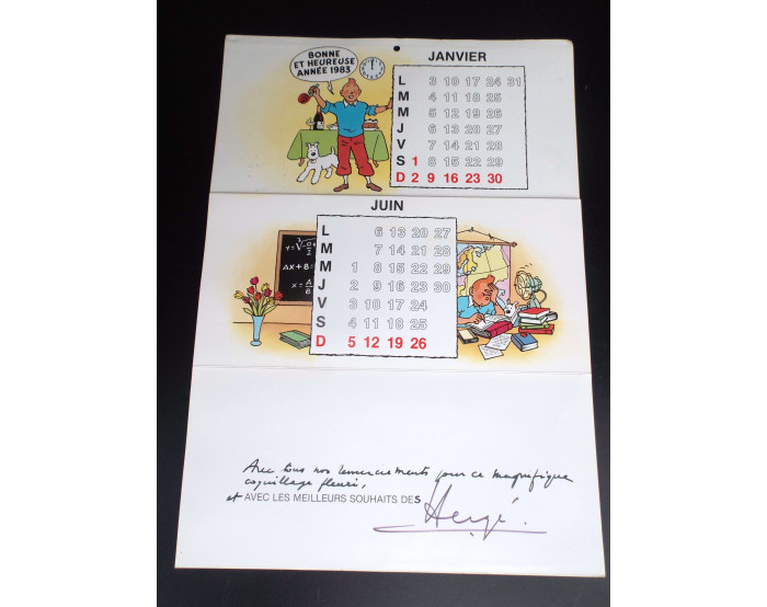 DISPO SUR DEMANDE Carte de voeux  Calendrier 1983 Dédicacée et signée par Hergé