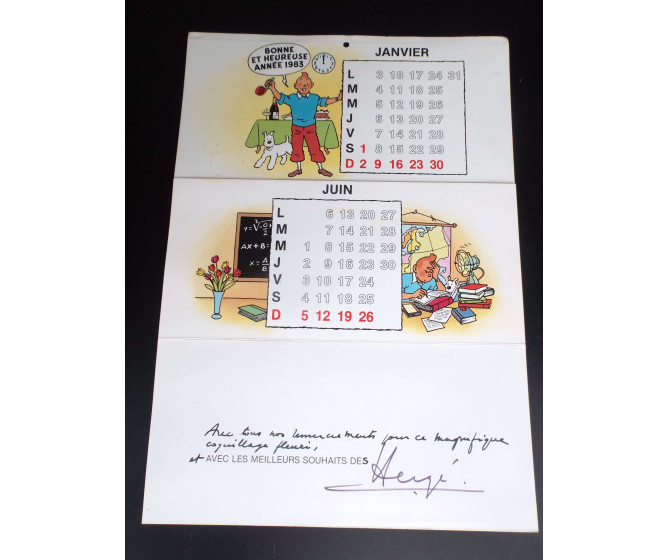 Carte de voeux  Calendrier 1983 Dédicacée et signée par Hergé 