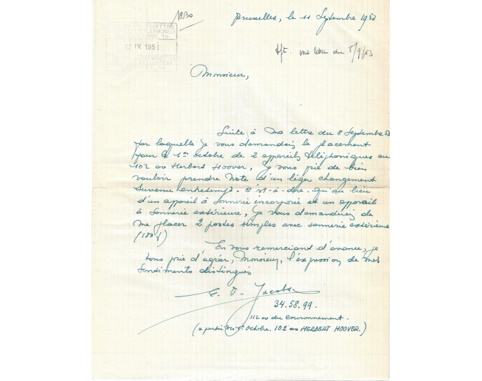 RARE Lettre manuscrite  d'EDGAR PIERRE JACOBS 1953  