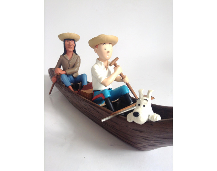 Statuette Tintin et l'indien dans la pirogue Moulinsart REF 46956 B + C ETAT NEUF