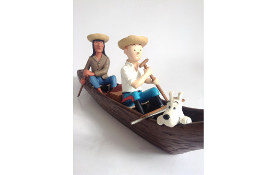 Statuette Tintin et l'indien dans la pirogue Moulinsart REF 46956 B + C ETAT NEUF